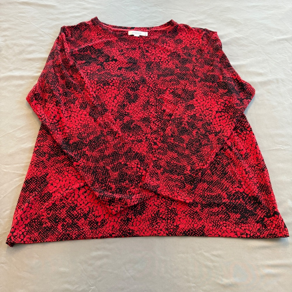 Chicos Red Black Snakeskin Print Long Sleeve‎ Knit Top Size 3 / XL